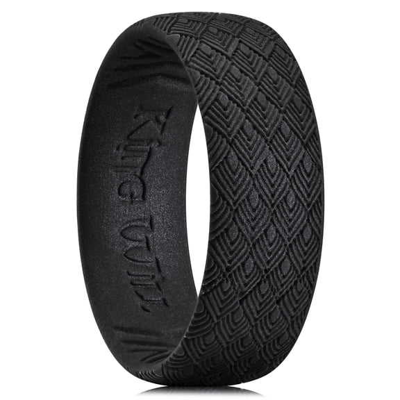 King Will Silicone Wedding Band for Men Women- 1.8mm Ultra Thin Ring with Peacock Feather Pattern, Hypoallergenic Rubber Ring, Black, Size 9