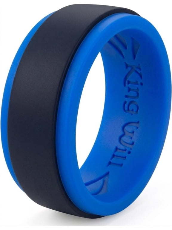 Silicone Wedding Ring for Men Women, 8mm Step Edge Black & Blue Rubber Wedding Band, Breathable Internal Water Ripple Design, Durable & Flexible Sport Ring for Gym, Outdoor, Work Size 10
