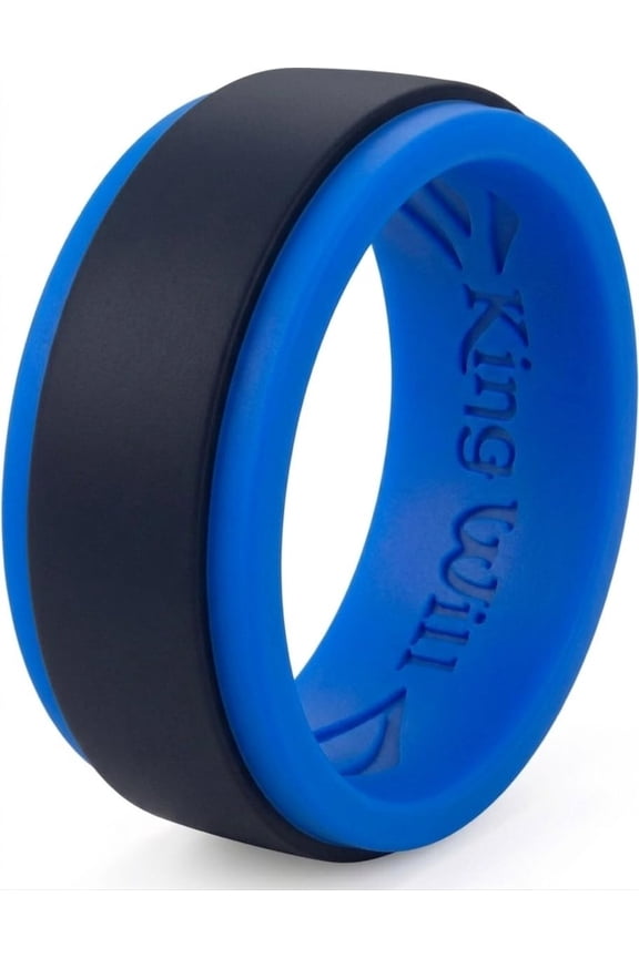 Silicone Wedding Ring for Men Women, 8mm Step Edge Black & Blue Rubber Wedding Band, Breathable Internal Water Ripple Design, Durable & Flexible Sport Ring for Gym, Outdoor, Work Size 10