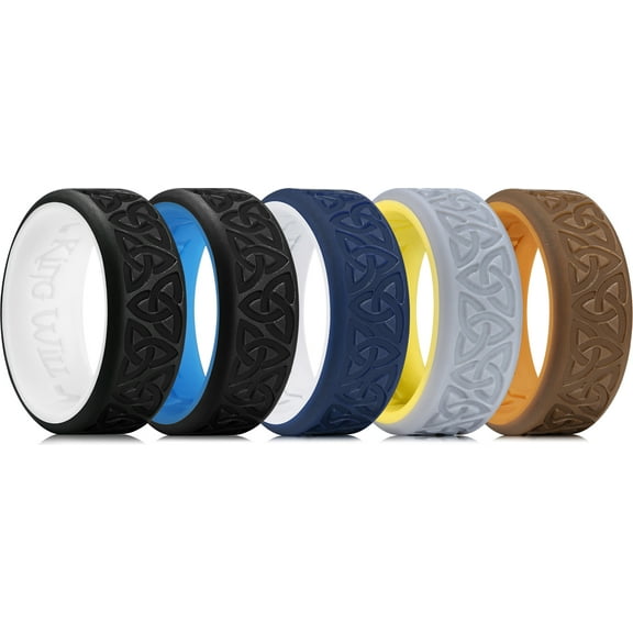King Will Silicone Wedding Rings For Men, 5 Pack Rubber Wedding Bands with Celtic Knot Pattern, 8mm Wide 2.2mm Thick, Comfort Fit Size 10