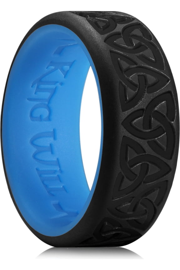 Silicone Wedding Rings For Men, Black & Blue Rubber Wedding Bands with Celtic Knot Pattern, 8mm Wide 2.2mm Thick, Comfort Fit Size 10