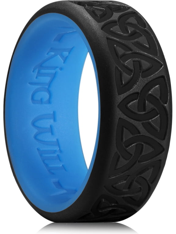 Silicone Wedding Rings For Men, Black & Blue Rubber Wedding Bands with Celtic Knot Pattern, 8mm Wide 2.2mm Thick, Comfort Fit Size 11