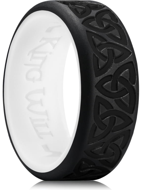 Silicone Wedding Rings For Men, Black & White Rubber Wedding Bands with Celtic Knot Pattern, 8mm Wide 2.2mm Thick, Comfort Fit Size 10