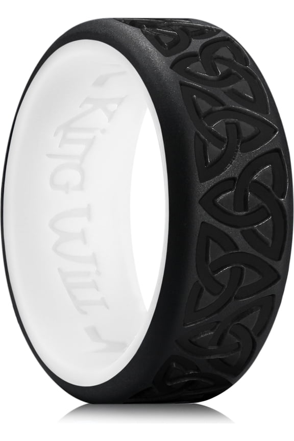 Silicone Wedding Rings For Men, Black & White Rubber Wedding Bands with Celtic Knot Pattern, 8mm Wide 2.2mm Thick, Comfort Fit Size 11