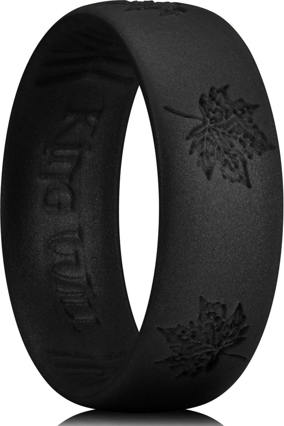 Silicone Wedding Rings For Men Women, 6.6mm Wide 1.8mm Ultra Thin Maple Leaf Design Rubber Wedding Bands, Black, Breathable Comfort Fit Size 7