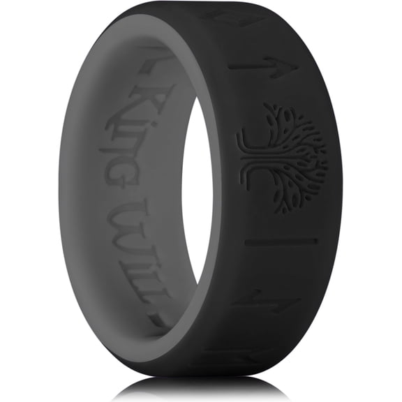King Will Silicone Wedding Rings For Men Women, 8mm Wide 2.2mm Thick Viking Men Ring Tree of Life Rune Design Rubber Wedding Bands, Black & Gray, Breathable Comfort Fit Size 11