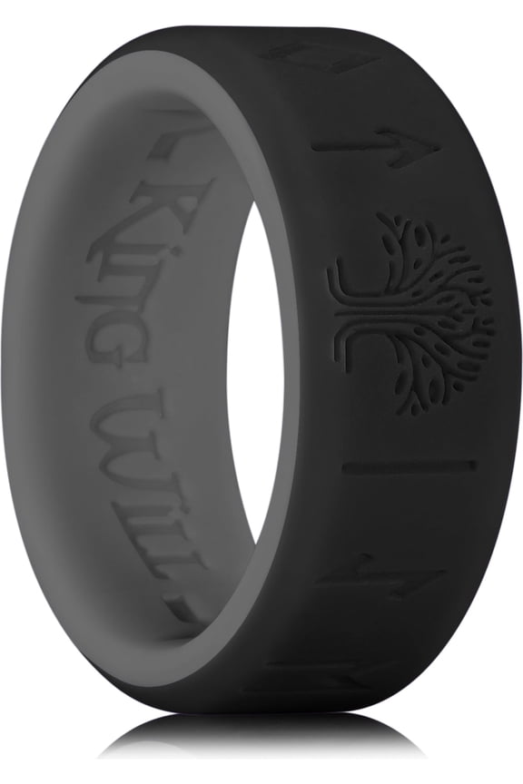 Silicone Wedding Rings For Men Women, 8mm Wide 2.2mm Thick Viking Men Ring Tree of Life Rune Design Rubber Wedding Bands, Black & Gray, Breathable Comfort Fit Size 11