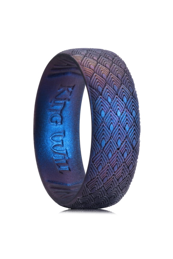 Silicone Wedding Rings For Men Women, 6.6mm Wide 1.8mm Ultra Thin Peacock Feather Pattern Lasered Rubber Wedding Bands, Dark Blue, Breathable Comfort Fit Size 10