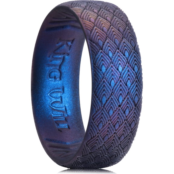 King Will Silicone Wedding Rings For Men Women, 6.6mm Wide 1.8mm Ultra Thin Peacock Feather Pattern Lasered Rubber Wedding Bands, Dark Blue, Breathable Comfort Fit Size 11