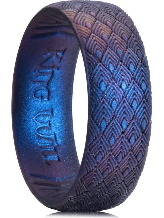 Silicone Wedding Rings For Men Women, 6.6mm Wide 1.8mm Ultra Thin Peacock Feather Pattern Lasered Rubber Wedding Bands, Dark Blue, Breathable Comfort Fit Size 11