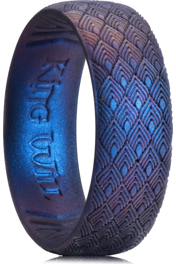 Silicone Wedding Rings For Men Women, 6.6mm Wide 1.8mm Ultra Thin Peacock Feather Pattern Lasered Rubber Wedding Bands, Dark Blue, Breathable Comfort Fit Size 12