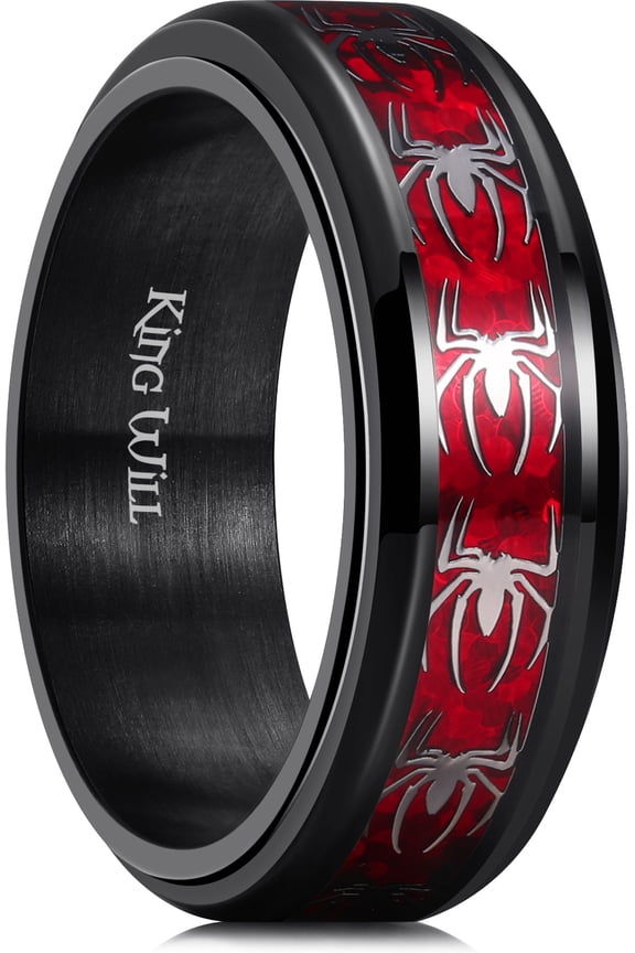 Spinner Ring for Men Red Spider Rings Black Plated Stainless Steel Wedding Band 8mm Width Mens Jewelry Comfort Fit Size 12