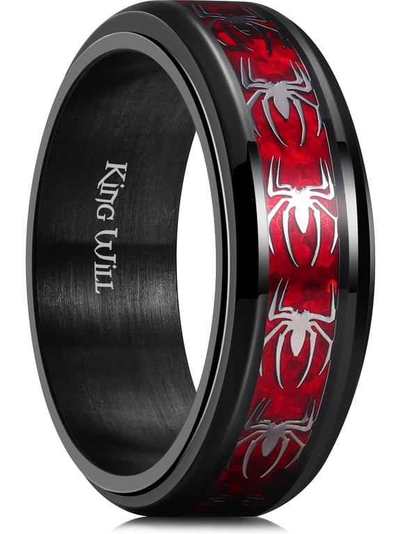 Spinner Ring for Men Red Spider Rings Black Plated Stainless Steel Wedding Band 8mm Width Mens Jewelry Comfort Fit Size 8