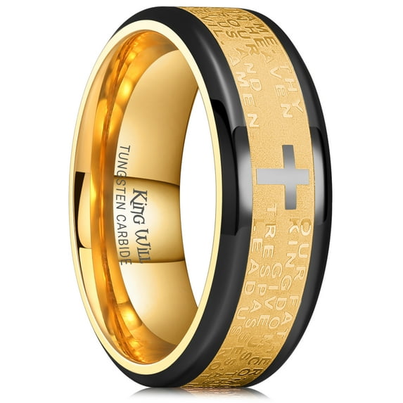 King Will Stainless Steel Mens Ring 8mm Lord's Prayer Cross Ring, Gold Wedding Band for Men Bible Engraved Rings High Polished Black Edge, Comfort Fit Size 13