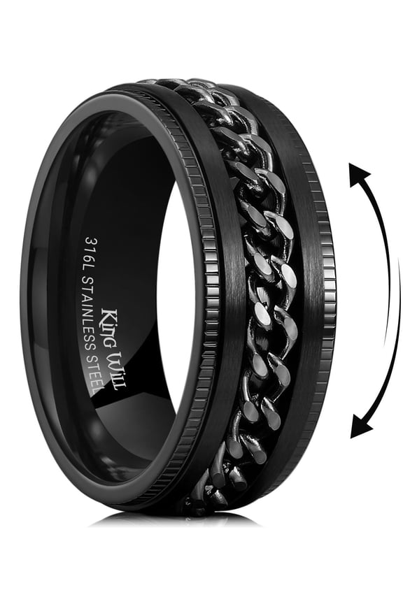 Stainless Steel Men's Ring-Black Men Chain Fidget Ring Comfort Fit Size Spinner Ring, 316L Stainless Steel Anxiety Ring for Men Women with Stress Free, Cool Wedding Band Comfort Fit Size 10