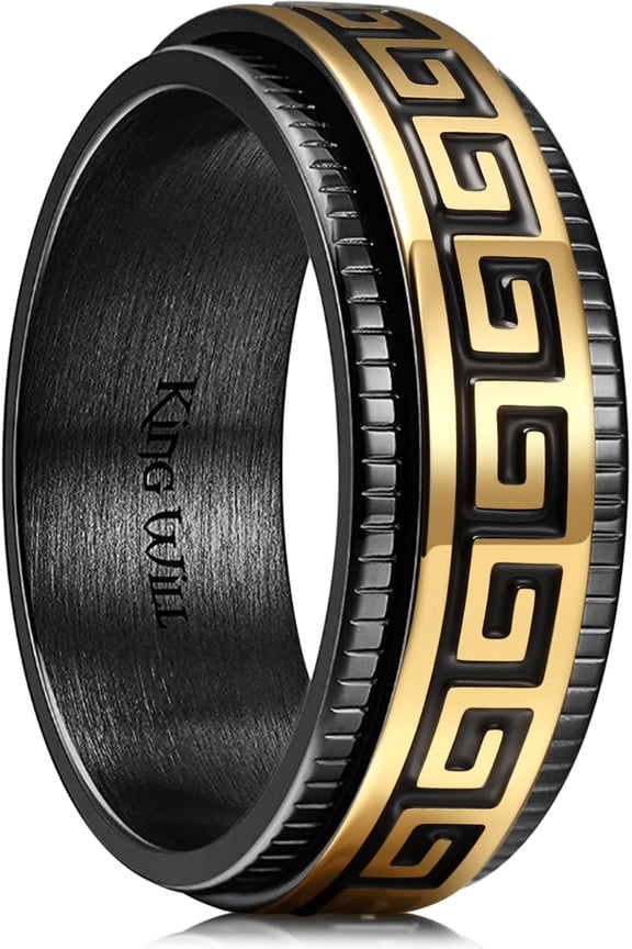 Stainless Steel Spinner Wedding Band for Men-8mm Black Golden Plated Greek Key Ring Fidget Ring Comfort Fit Size Ring 10