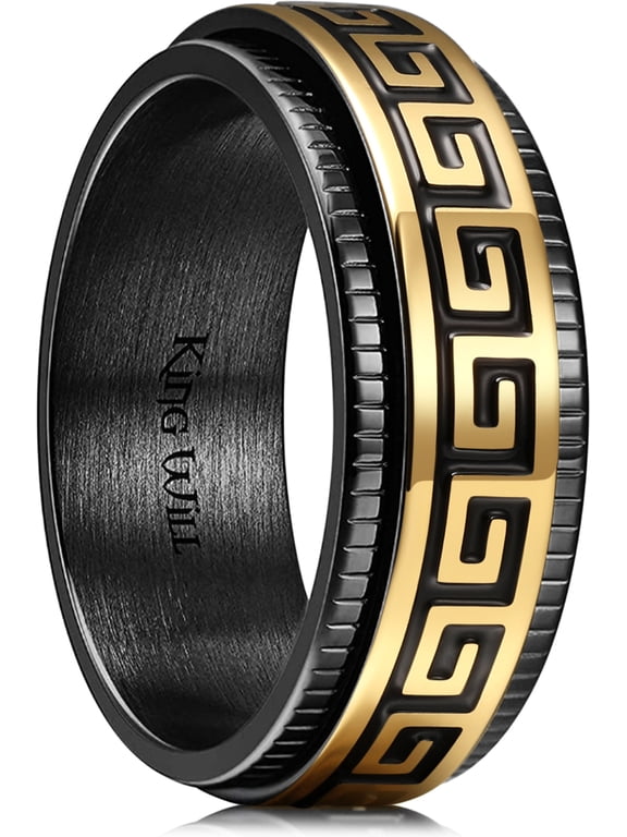 Stainless Steel Spinner Wedding Band for Men-8mm Black Golden Plated Greek Key Ring Fidget Ring Comfort Fit Size Ring 11