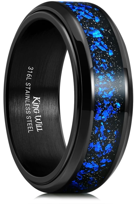 Stainless Steel Wedding Band for Men-8mm Spinner Fidget Ring with Blue Gold Foil Inlay, Wedding Ring with Black Plated Inner Comfort Fit Size 7