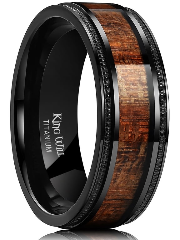 Titanium Wedding Band for Men-8mm Black Titanium Men Ring with Koa Wood Inlay, Wooden Wedding Band Ring for Men Women Comfort Fit Size 10.5