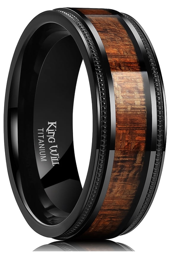 Titanium Wedding Band for Men-8mm Black Titanium Men Ring with Koa Wood Inlay, Wooden Wedding Band Ring for Men Women Comfort Fit Size 9.5