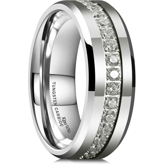 King Will Tungsten Carbide Wedding Band for Men - 8mm Silver High Polished Cubic Zircon Stones Comfort Fit Mens Ring for Wedding, Engagement and Anniversary Comfort Fit Size 7