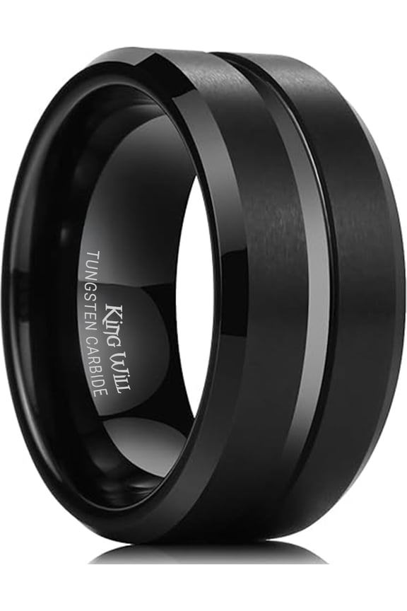 Tungsten Carbide Wedding Band for Men Women-10mm Width in Black with Grooved Center Wedding Ring Suitable Suitable for Work, Gym Comfort Fit Size 11
