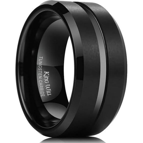 King Will Tungsten Carbide Wedding Band for Men Women-10mm Width in Black with Grooved Center Wedding Ring Suitable Suitable for Work, Gym Comfort Fit Size 8