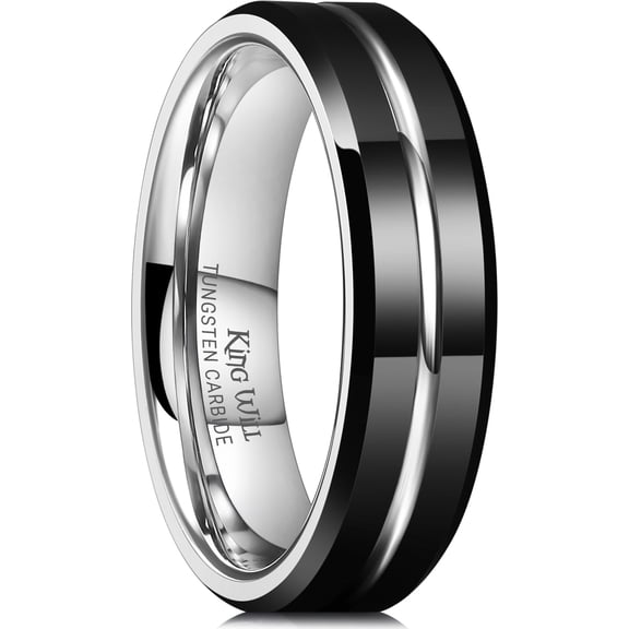 King Will Tungsten Carbide Wedding Band for Men Women-6mm in Black and Silver with Grooved Center High Polished Wedding Ring Suitable for Work, Gym Comfort Fit Size 13