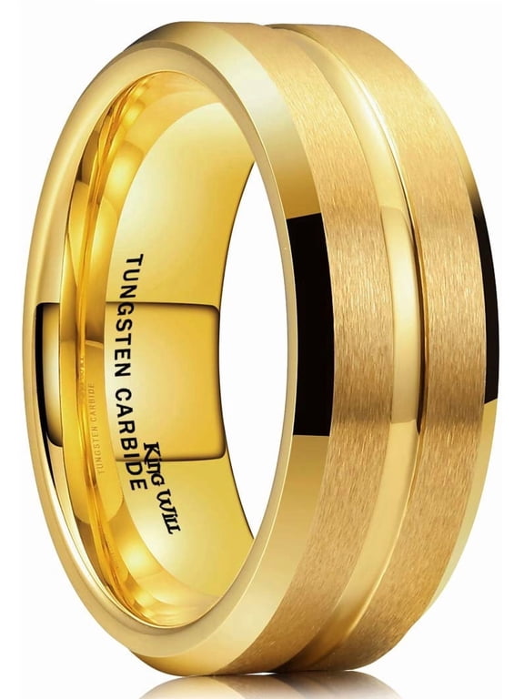 Tungsten Carbide Wedding Band for Men Women-8mm Width in Gold Plated with Grooved Center Wedding Ring Matte Finished Suitable for Work, Gym Comfort Fit Size 10