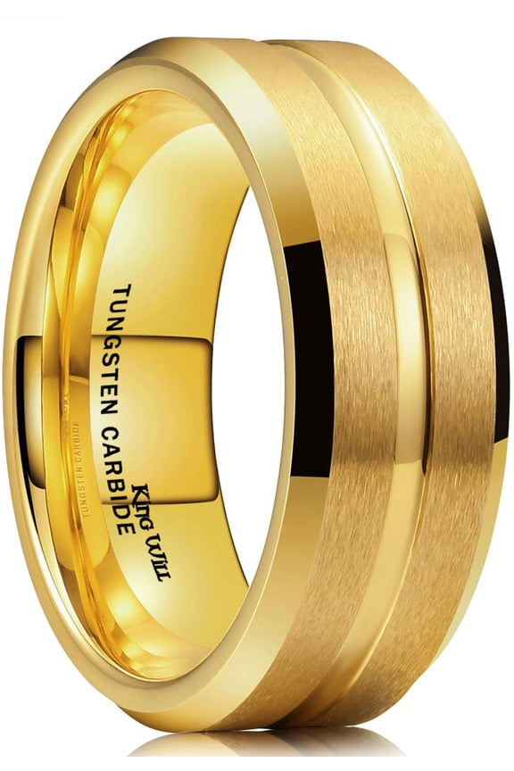 Tungsten Carbide Wedding Band for Men Women-8mm Width in Gold with Grooved Center Wedding Ring Matte Finished Suitable for Work, Gym Comfort Fit Size 10