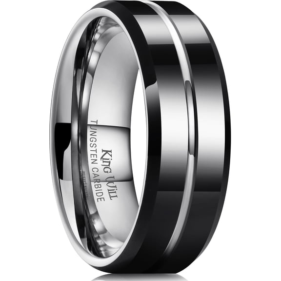 King Will Tungsten Carbide Wedding Band 8mm Men Rings in Black & Sliver, Grooved Center Polished Finish Suitable for Everyday Wear Comfort Fit Size 9