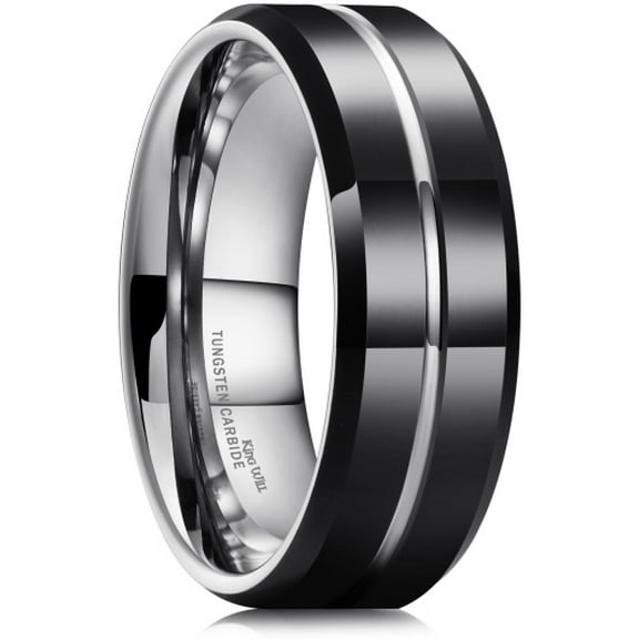 King Will Tungsten Carbide Wedding Band Ring for Men -8mm Men Rings in Black and Sliver, Grooved Center Polished Wedding Band Suitable For Every Day Wear Comfort Fit Size 10