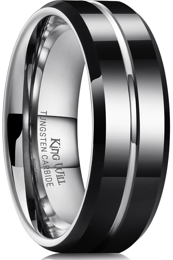 Tungsten Carbide Wedding Band Ring for Men -8mm Men Rings in Black and Sliver, Grooved Center Polished Wedding Band Suitable For Every Day Wear Comfort Fit Size 10