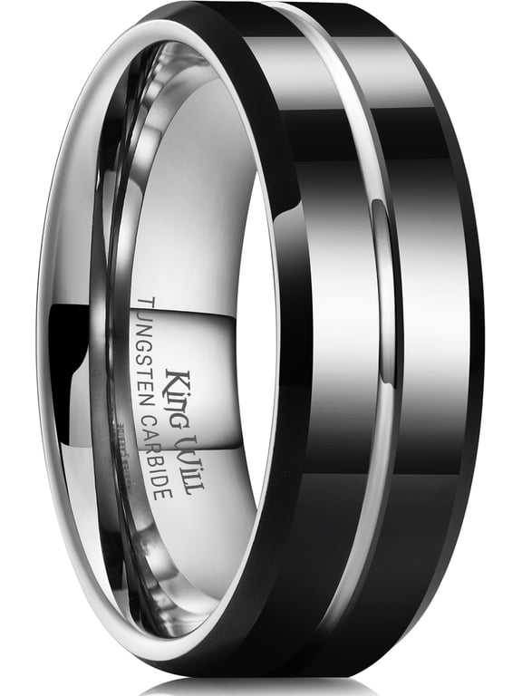Tungsten Carbide Wedding Band Ring for Men -8mm Men Rings in Black and Sliver, Grooved Center Polished Wedding Band Suitable For Every Day Wear Comfort Fit Size 10