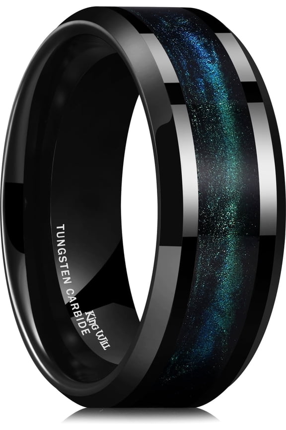 Tungsten Carbide Wedding Band for Men - 8mm Black High Polished Inlay Blue Green Sand Desert Star for Everyday Wear Comfort Fit Size 10