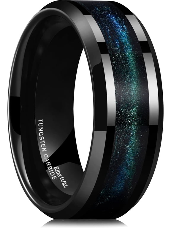 Tungsten Carbide Wedding Band for Men - 8mm Black High Polished Inlay Blue Green Sand Desert Star for Everyday Wear Comfort Fit Size 12