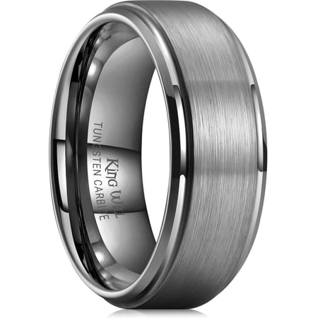 King Will Tungsten Carbide Wedding Ring for Men - 8mm Gunmetal Grey Mens Wedding Band Matte Brushed Finish Step Edge Comfort Fit Size 14