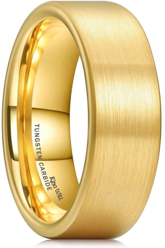 Tungsten Carbide Wedding Ring for Men Women, 8mm Width Gold Plated Wedding Band Pipe Cut Brushed Finish Comfort Fit Size 8