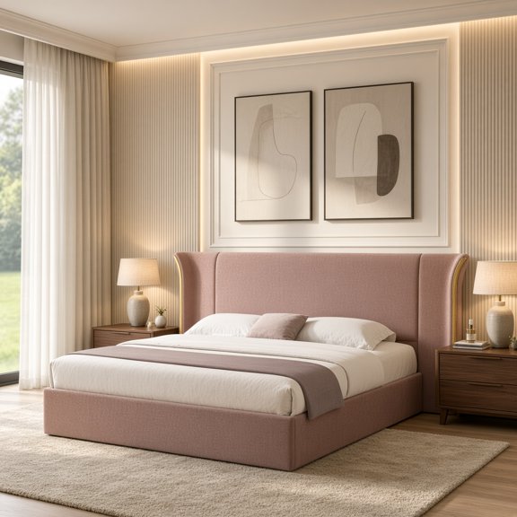 King Wing-Back Upholstered Bed Frame with Padded Headboard, Chenille Fabric for Bedroom, Pink