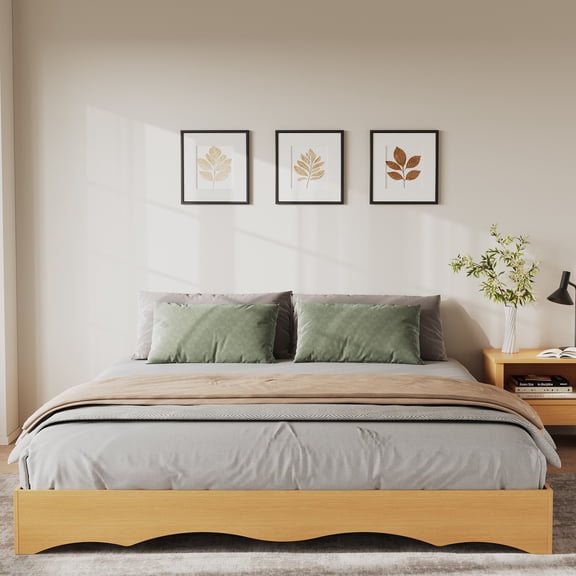 King Wood Platform Bed Frame, Low Profile Bed with Wavy Wood Design, Minimalist Bed Base Without Headboard, Noise-Free Support, No Box Spring Needed