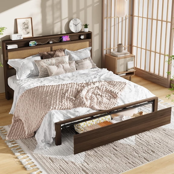 King Wooden Rattan Bed Frame Bohemian with Storage and LED Lights | Cane Headboard with Charging Station, Wooden Slats, Noise-free, No Box Spring. Country Farmhouse Bed Frames Walnut wood color