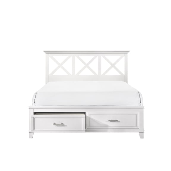 King X Storage Bed In White, Poplar And Rubberwood Built, Designed Headboard, Transitional Style, 49.55 In. High, 87.99 Long, 82.29 Wide Bed, White Color, Solid Wood , Styling, Length, Height, Width