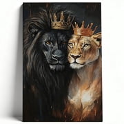King and Queen Lions Canvas Wall Art Black Lion and Lioness Poster Royal Crowns Animal Painting Living Room Bedroom Decor Print Ready to Hang 8*12