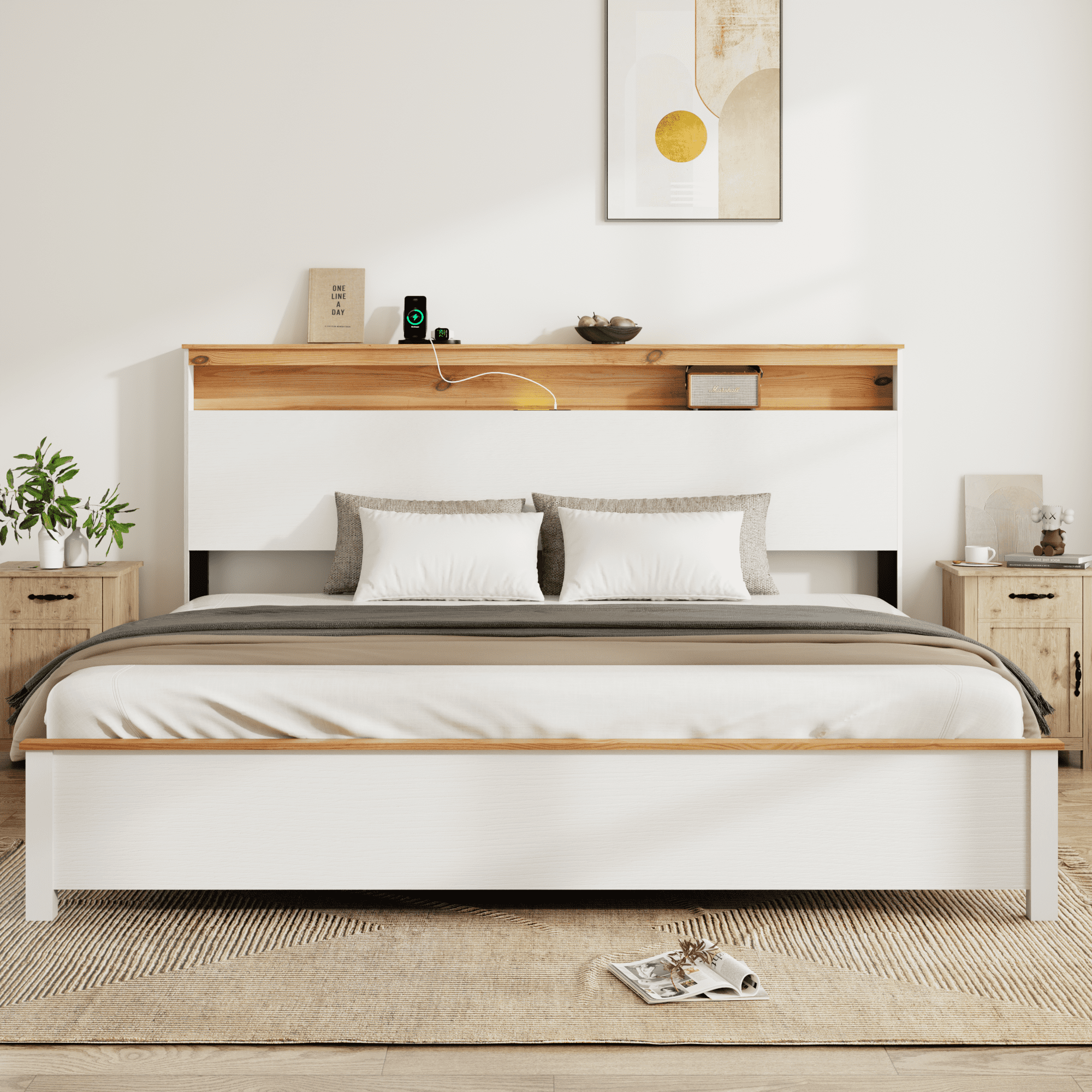 King bedstead with charging station all wood bed frame: this rustic ...