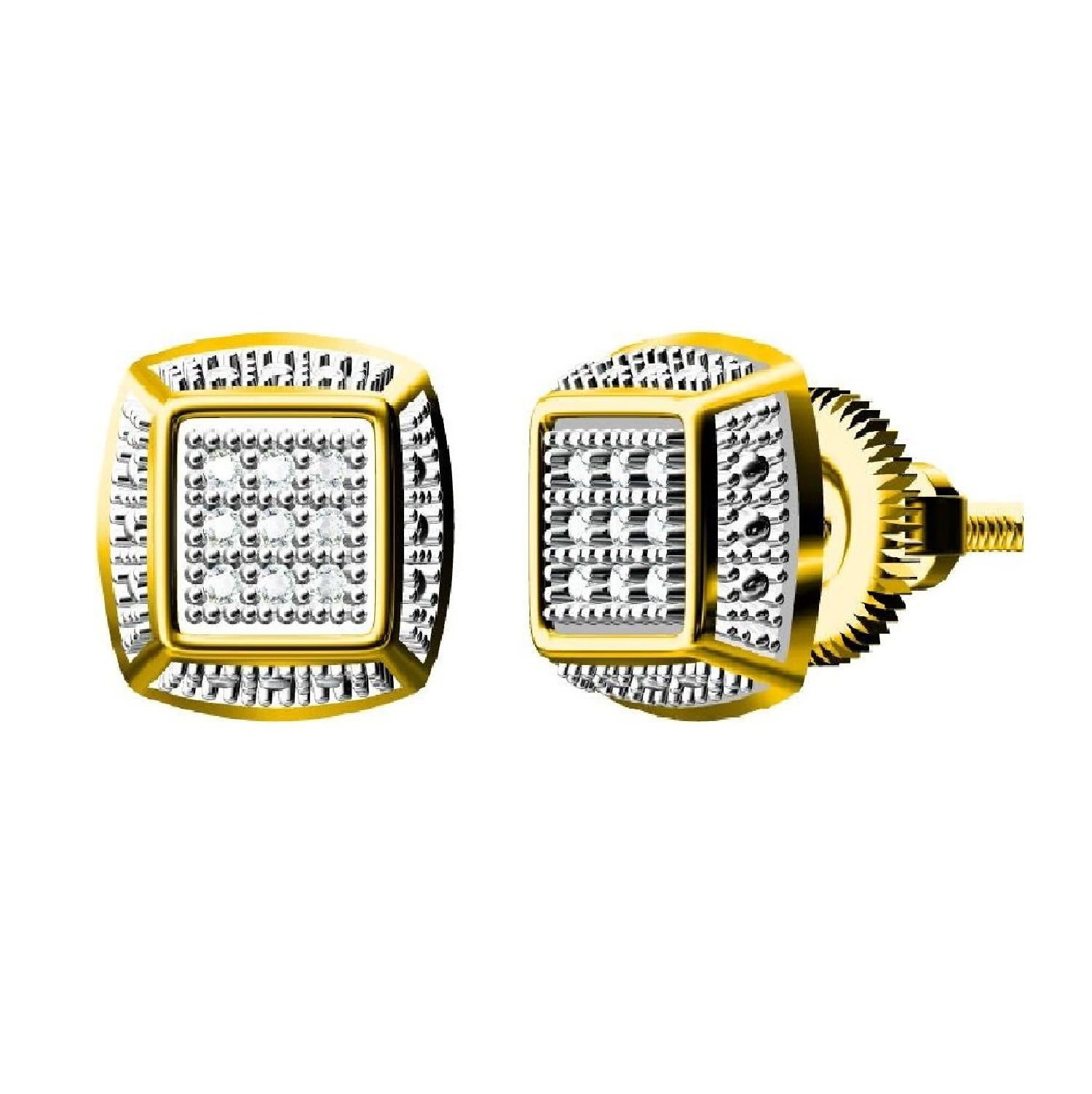 King of Bling's 0.05ct Diamond Square Earrings For Women Yellow 925 Sterling Silver Stud For Men
