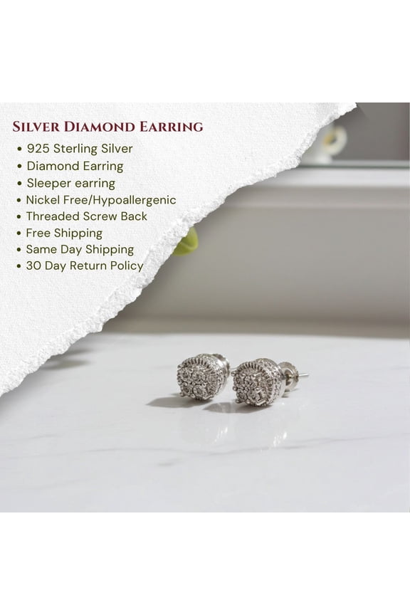 King of Bling's 0.05ct Diamond Sterling Silver White For Men's & Women's Stud Round Earrings