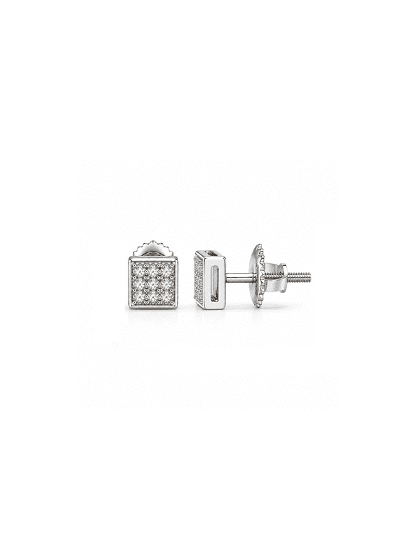 King of Bling's 0.05ct Micro Pave 925 White Silver Diamond Square Earring For Men's & Women's