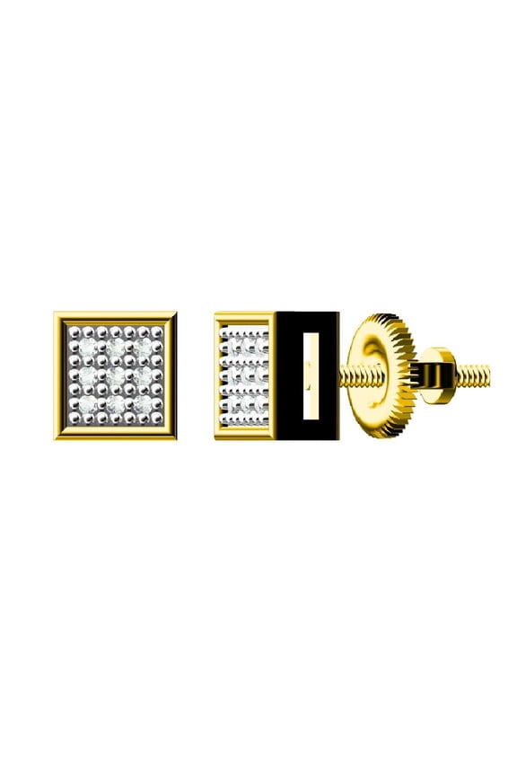 King of Bling's 0.05ct Micro Pave 925 Yellow Silver Diamond Square Earring For Men's & Women's