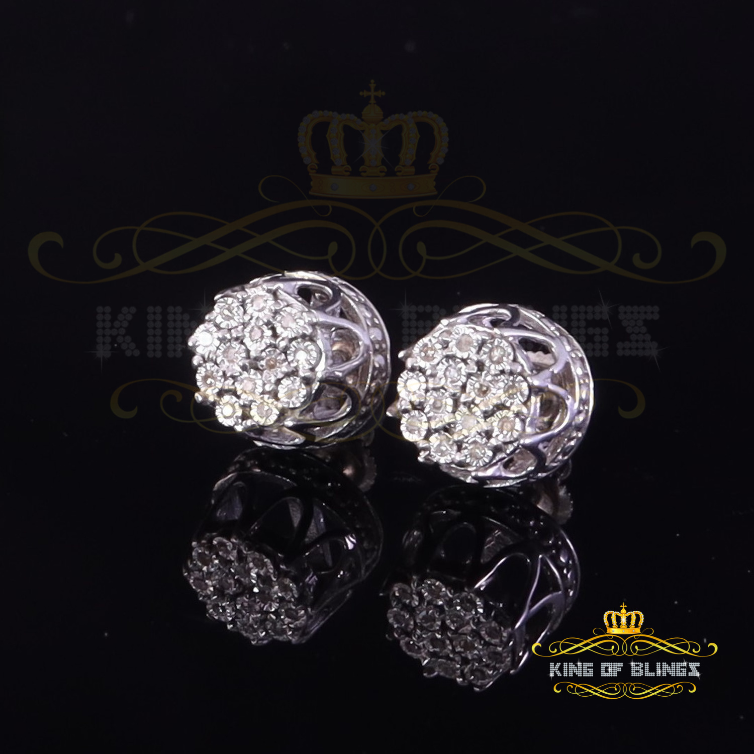 King of Bling's 0.07ct Diamond 925 Sterling White Silver for Men's & Womens Stud Round Earrings