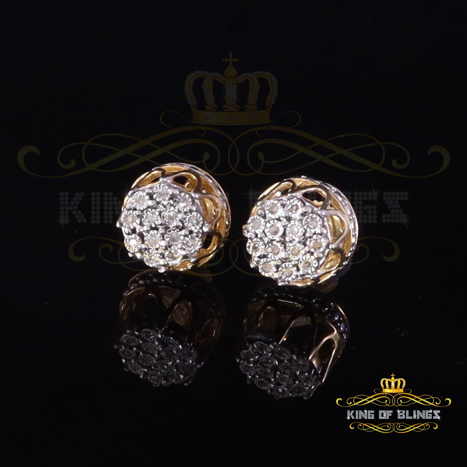 King of Bling's 0.07ct Diamond 925 Sterling Yellow Silver For Men's & Womens Stud Round Earring